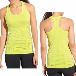 Athleta Fastest Track Heather Yellow Green Ruched Tank, Size Small